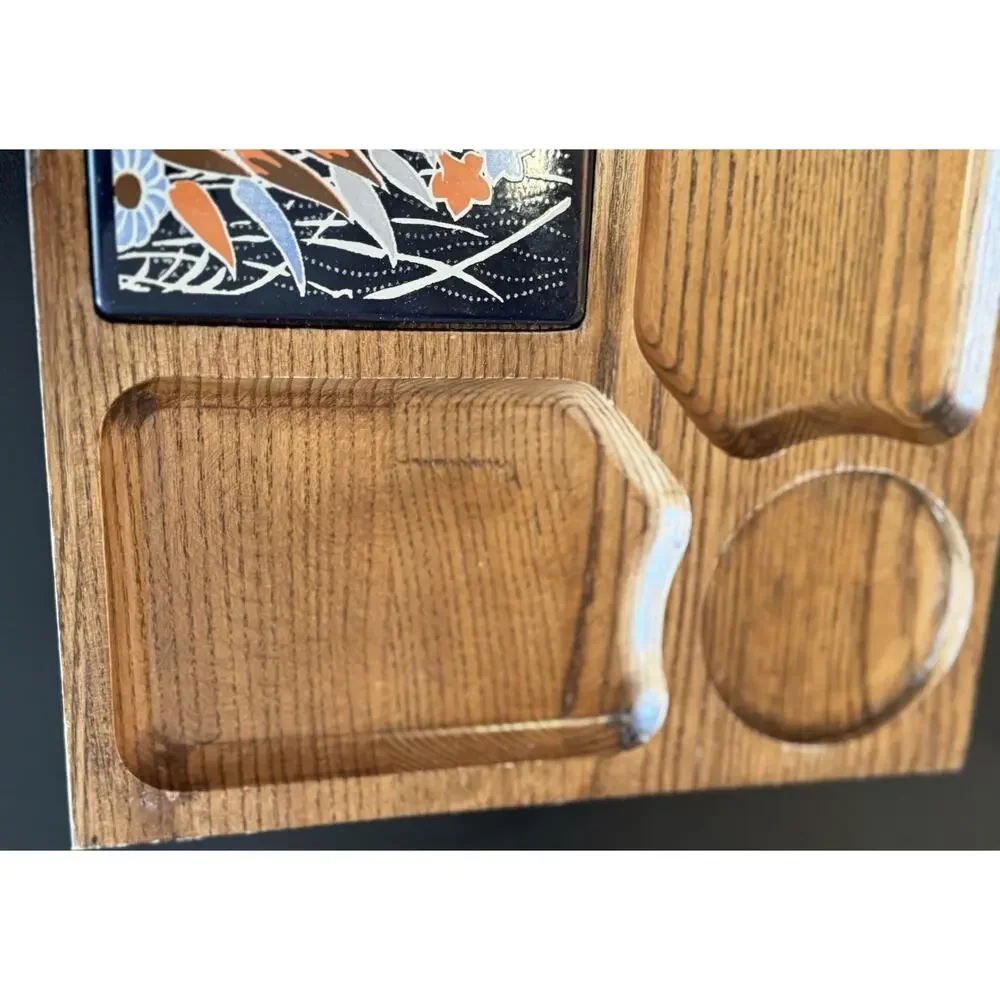 Vintage MCM Wooden Snack Serving Tray w/ Ceramic Tile Trivet 10x10